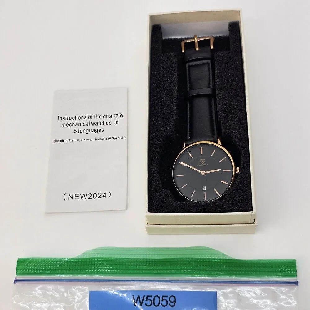 Men's Watch 40MM Black‎ Dial Gold Case Black Leather Band Straps Date Indicator